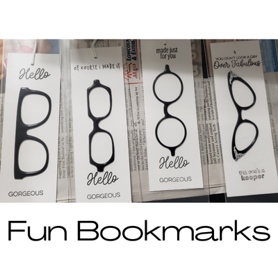 Handmade black eyeglass bookmarks on white cardstock for the reading enthusiast. Located inside GEM Designs' Booth, at Antiques & Artisans, 619 Trolley Rd, Summerville, SC inside the Christmas tree room.