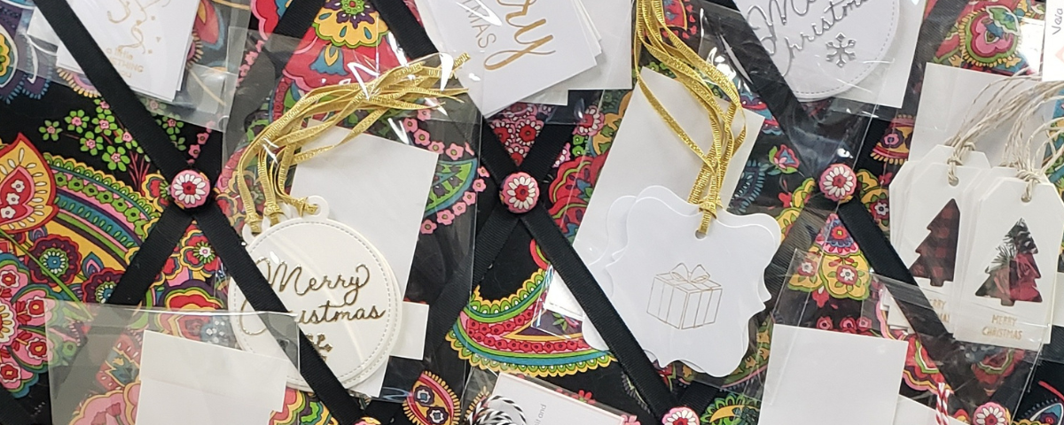Handmade gift tags for all occasions made by GEM Designs LLC, located in our booth in Antiques & Artisans, 619 Trolley Rd, Summerville, in the Christmas tree room