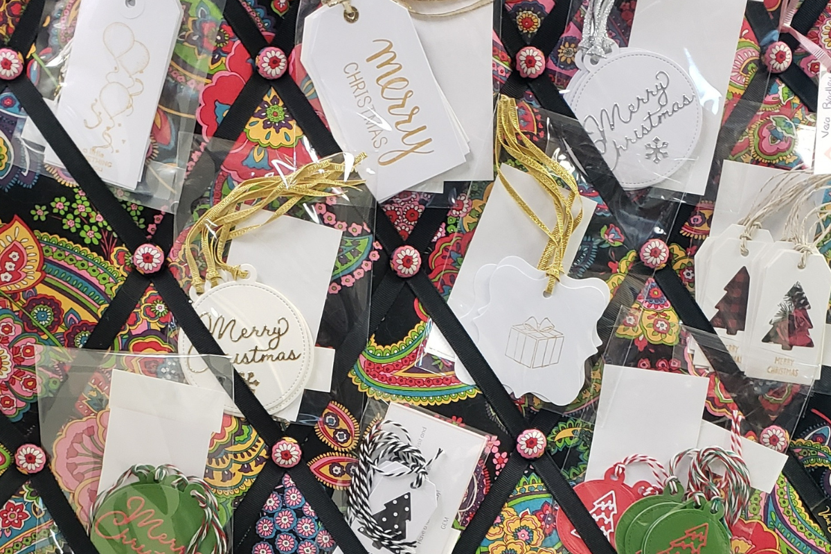 Handmade gift tags for all occasions made by GEM Designs LLC, located in our booth in Antiques & Artisans, 619 Trolley Rd, Summerville, in the Christmas tree room