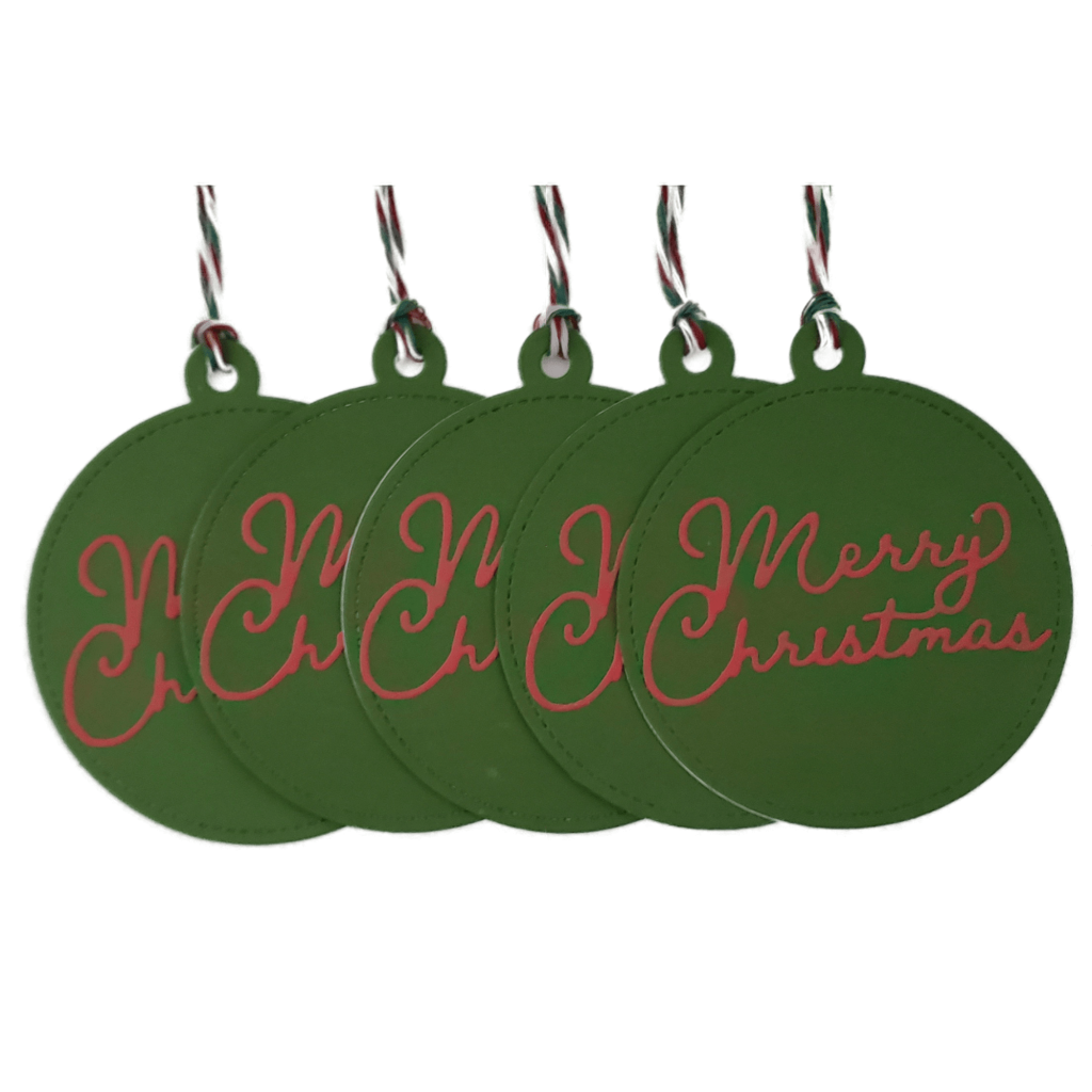 Round green Christmas tag with merry Christmas in red