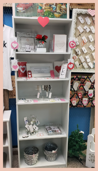 Valentine's Day Handmade Heart gift tags, notecards, and postcards in the GEM Design' Booth inside Antiques & Artisans at 619 Trolley Rd, Summerville, SC in the Christmas tree room.