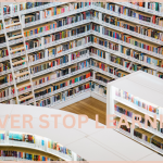 Picture of books in a library with the words never stop learning