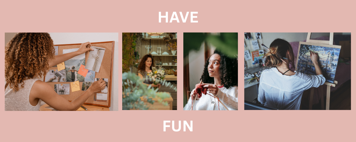 Four Ladies creating: Vision board, floral arrangement, knitting, and painting