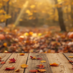 Autumn woodland scene with pumpkins, colorful fall leaves and the words A New Season