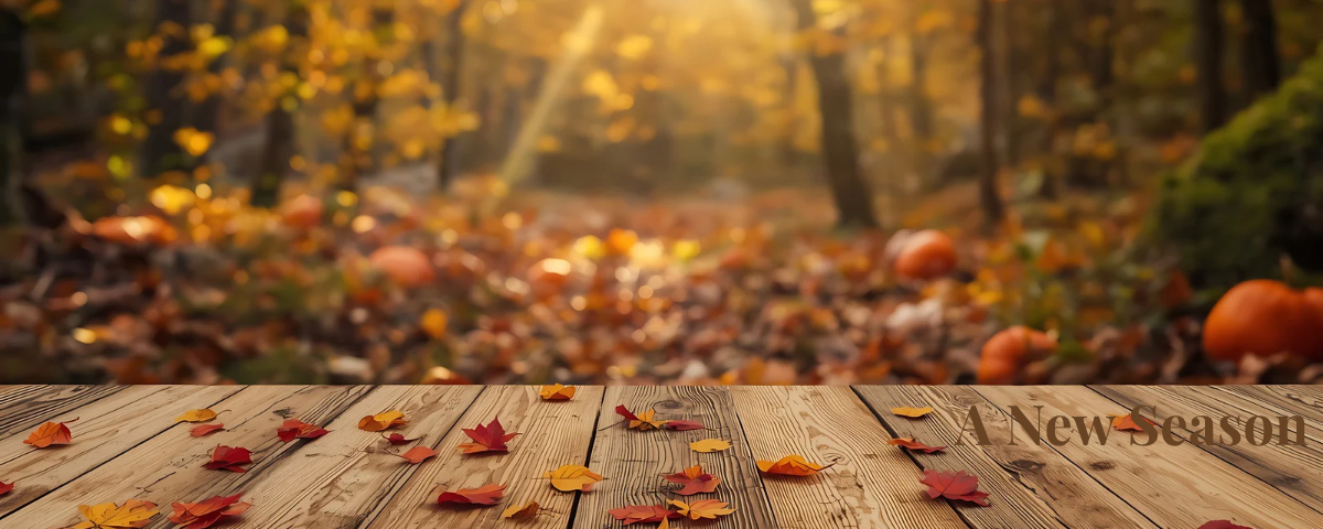 Autumn woodland scene with pumpkins, colorful fall leaves and the words A New Season