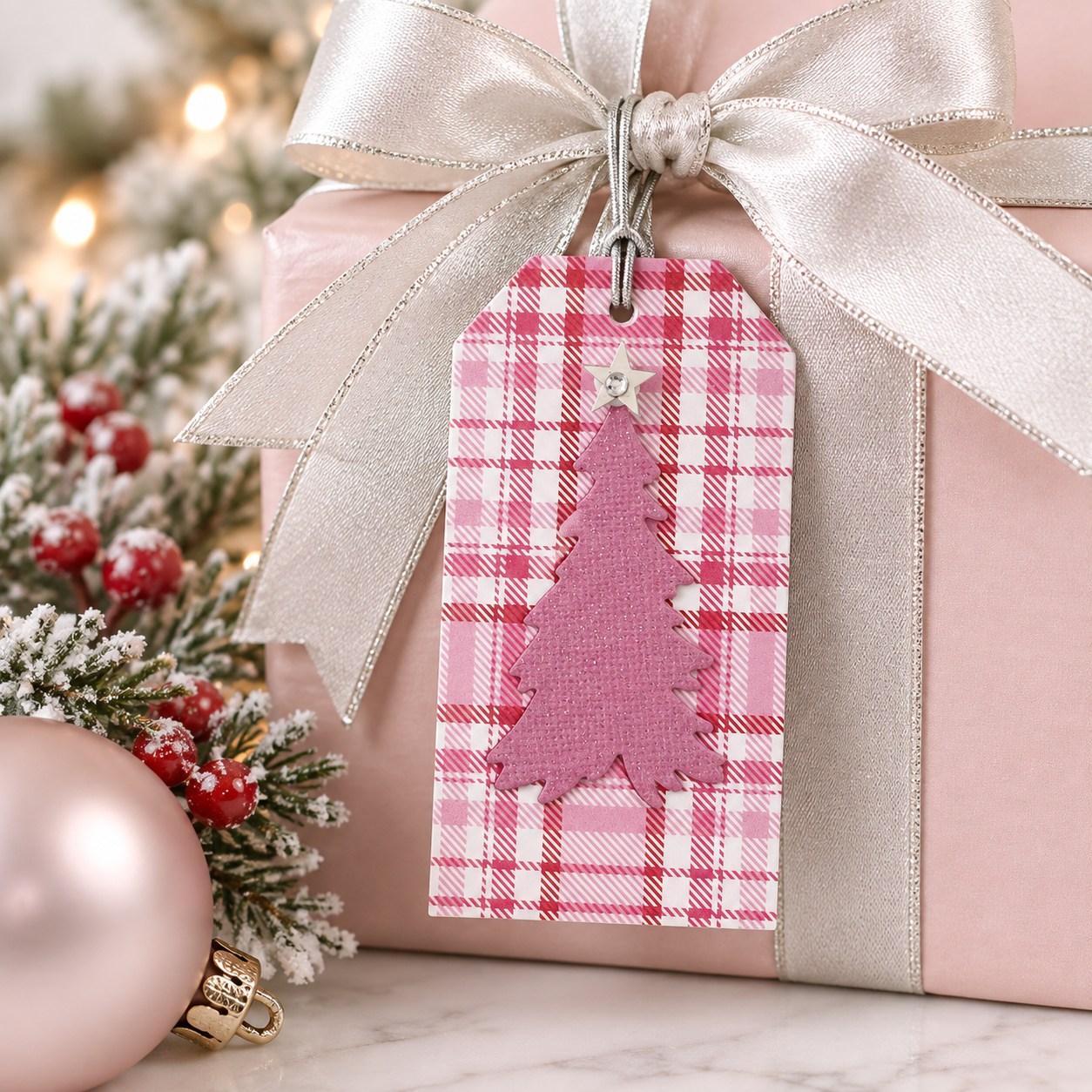 Pink Plaid Christmas Tree Gift Tag